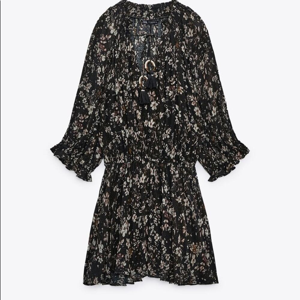 ZARA SHORT FLORAL PRINT DRESS BLACK / WHITE